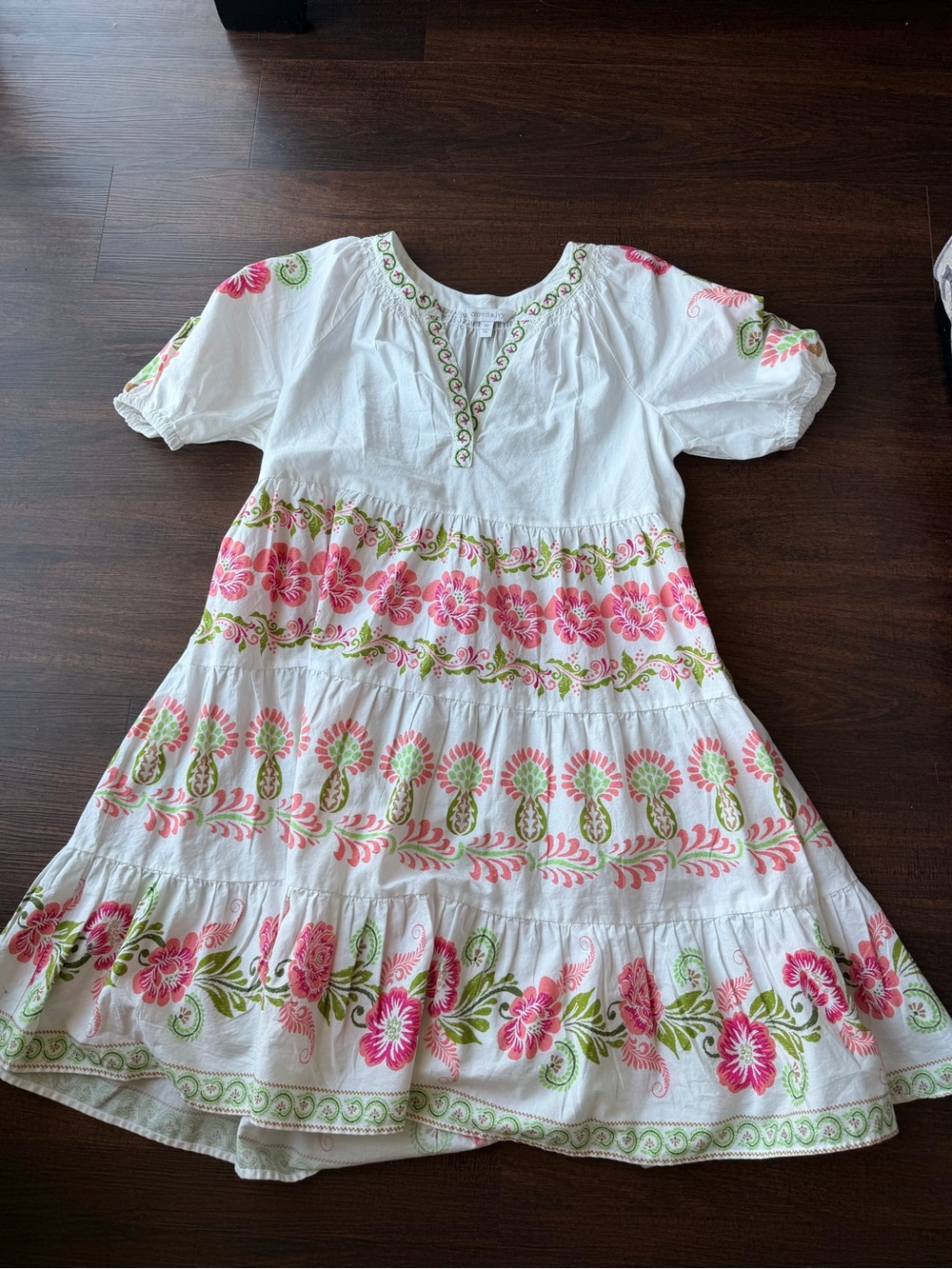 crown & ivy White Dress with Pink & Green Floral Embroidery